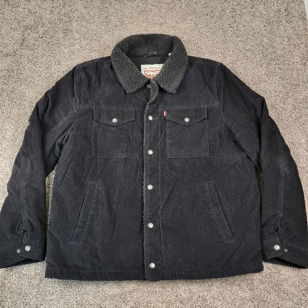 Levi's Men's Black Corduroy Sherpa Trucker Jacket XL Zip Snap LM8RC530 Warm Coat - Picture 2 of 11
